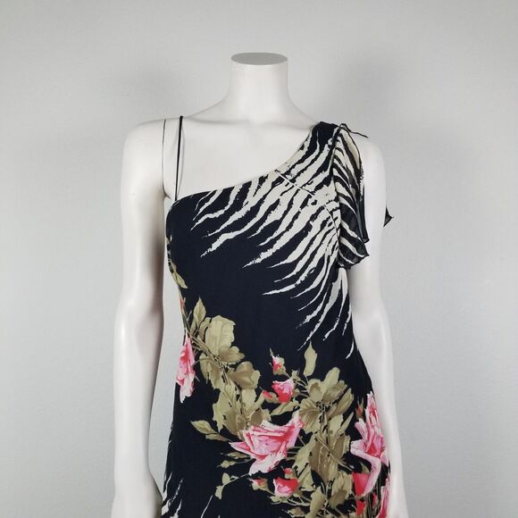 Alberto Makali Black Floral Asymmetrical One Shoulder Maxi Rayon Dress Size 8 - Picture 3 of 16
